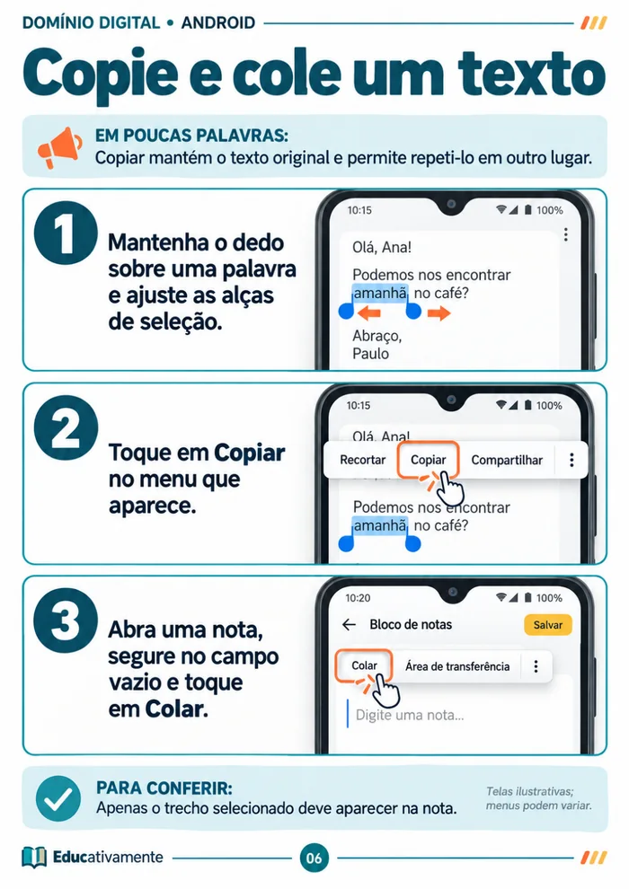 Página real do Volume 01 mostrando como copiar e colar um texto no celular, em 3 passos ilustrados