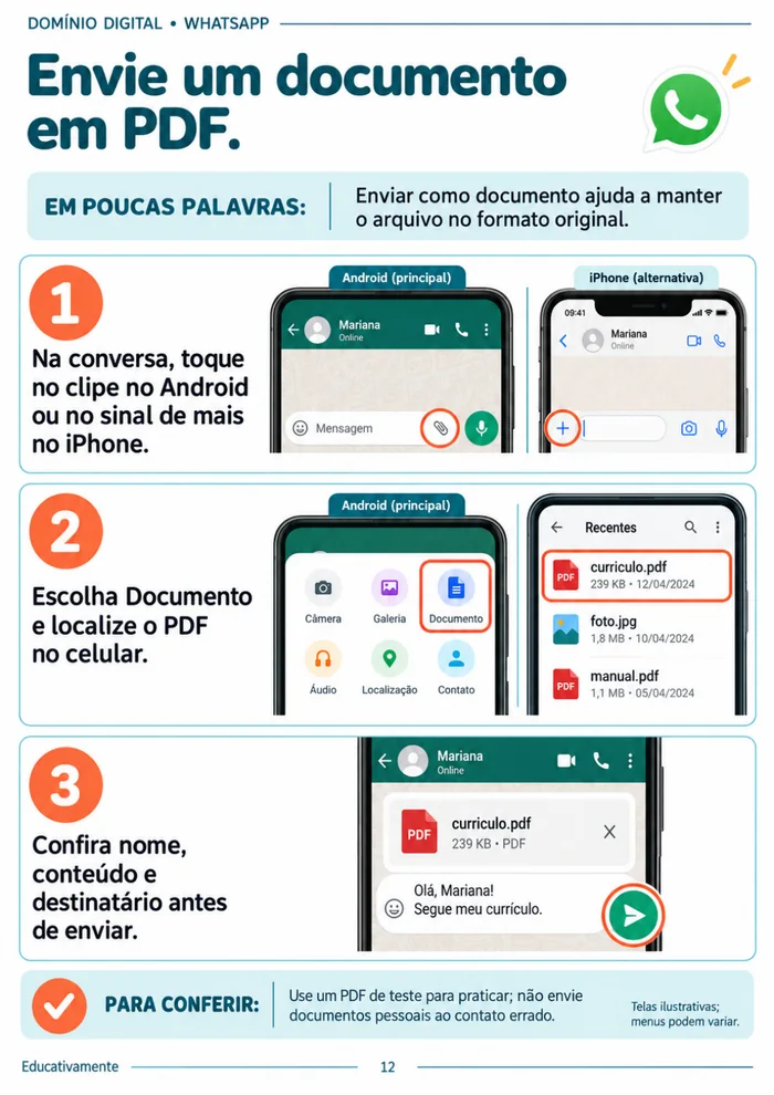 Página real do Volume 03 mostrando como enviar um documento em PDF pelo WhatsApp