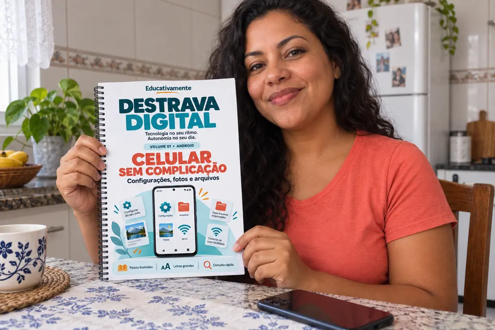 Leitora com o Volume 01 do Destrava Digital na cozinha
